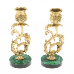 Набор подсвечников 2 шт из бронзы на подставке из малахита