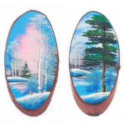 Картина на срезе дерева &amp;quot;Зимний пейзаж&amp;quot; 45-50 см рисунок каменная крошка