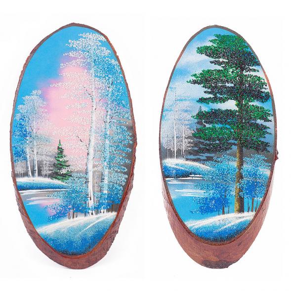 Картина на срезе дерева &amp;quot;Зимний пейзаж&amp;quot; 45-50 см рисунок каменная крошка 112225