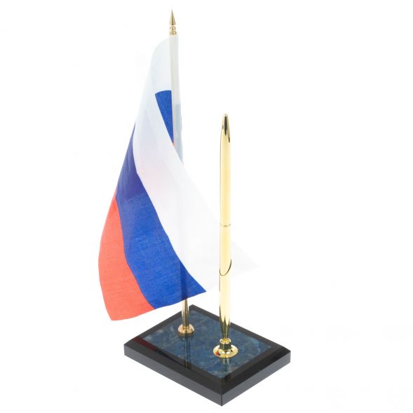 Подставка под ручку с флагом РФ из иркутского лазурита 10х7х25 см 128963