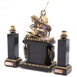 Каминные часы из бронзы &amp;quot;Георгий Победоносец&amp;quot; с подсвечниками камень яшма