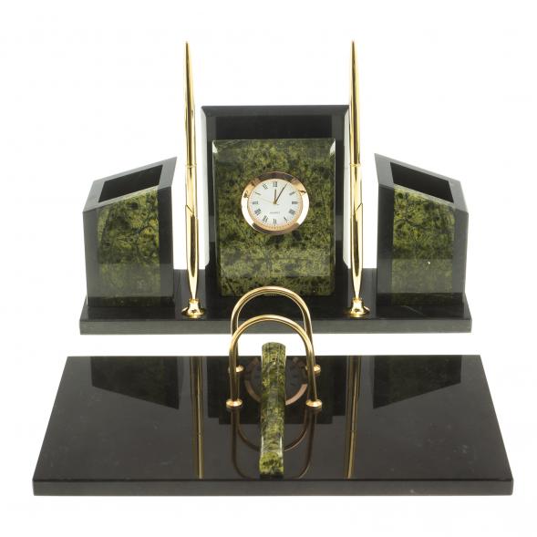 Письменный набор &amp;quot;Канцелярский&amp;quot; с часами камень змеевик 124050