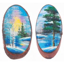 Панно на срезе дерева "Зима" вертикальное 40-45 см каменная крошка