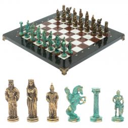 Шахматы &amp;quot;Александр Макендонский&amp;quot; фигуры бронза / патина доска 36х36 см лемезит мрамор