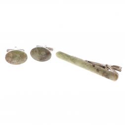 Набор запонки овальные и зажим для галстука камень желтый апатит