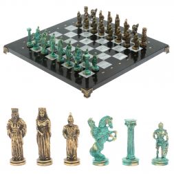 Шахматы &amp;quot;Александр Макендонский&amp;quot; фигуры бронза / патина доска 36х36 см серый мрамор