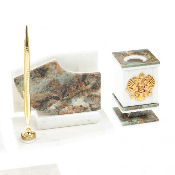 Письменный прибор с гербом и флагом России камень мрамор, офиокальцит 123651