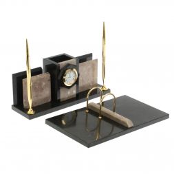 Настольный набор &amp;quot;Офисный&amp;quot; с часами из бежевого мрамора