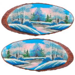 Панно на срезе дерева &amp;quot;Зима&amp;quot; горизонтальное 50-55 см каменная крошка