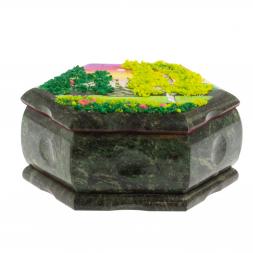 Шкатулка шестигранная с рисунком "Летний пейзаж" 14х12,5х7 см змеевик